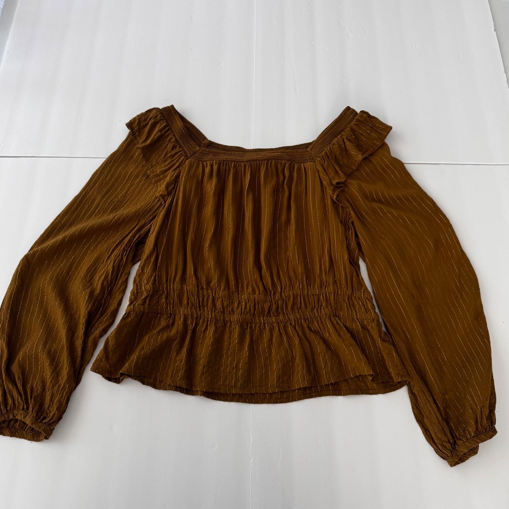 Universal Thread Brown Gold Metallic Pinstripe Smocked Peplum Blouse Large